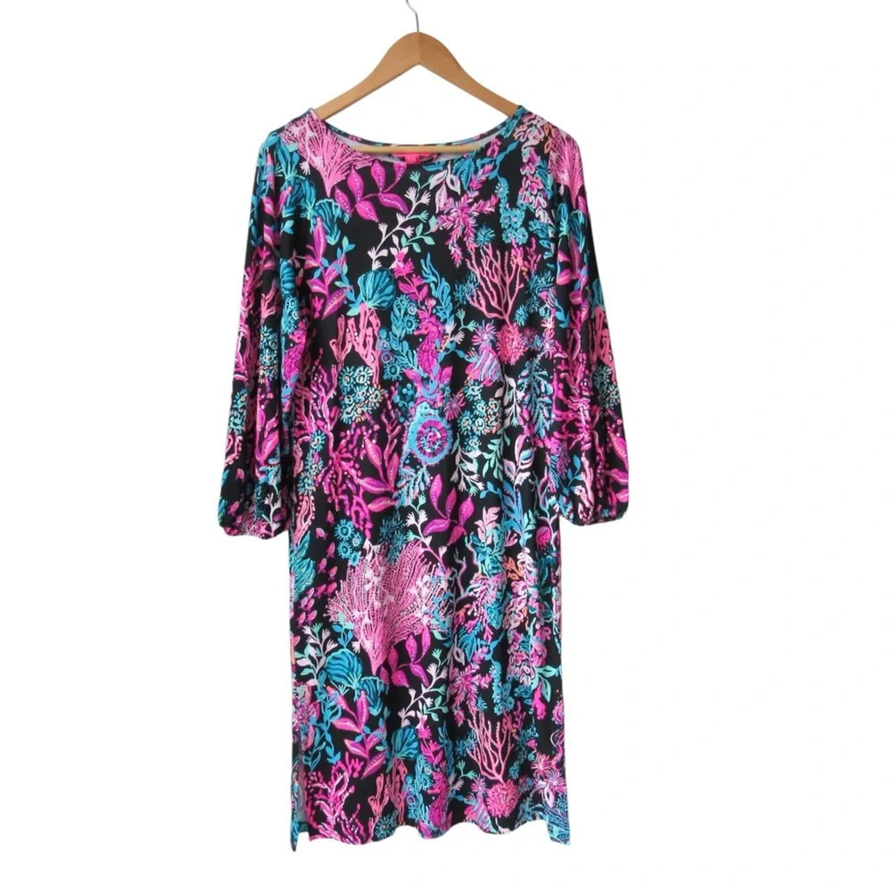 Lilly Pulitzer Shae Knee Length Dress XS Coral Print Black Pink Nautical Preppy